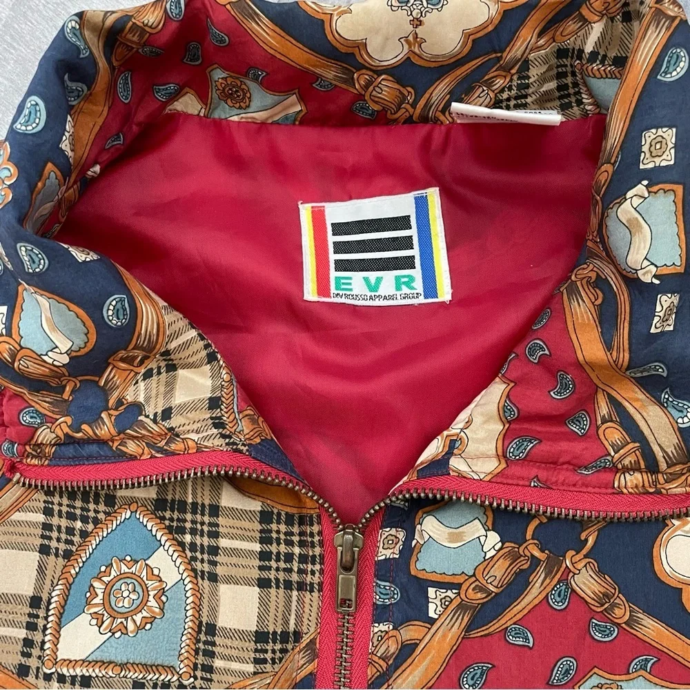 Womens 100% Silk Vintage Abstract Shield and Chains Jacket Windbreaker Medium